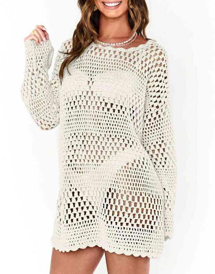 ANRABESS Womens Swimsuit Cover Up Crochet Long Sleeve Mesh Knit Summer Beach Dress Sheer Hollow Out Bathing Suit Coverup