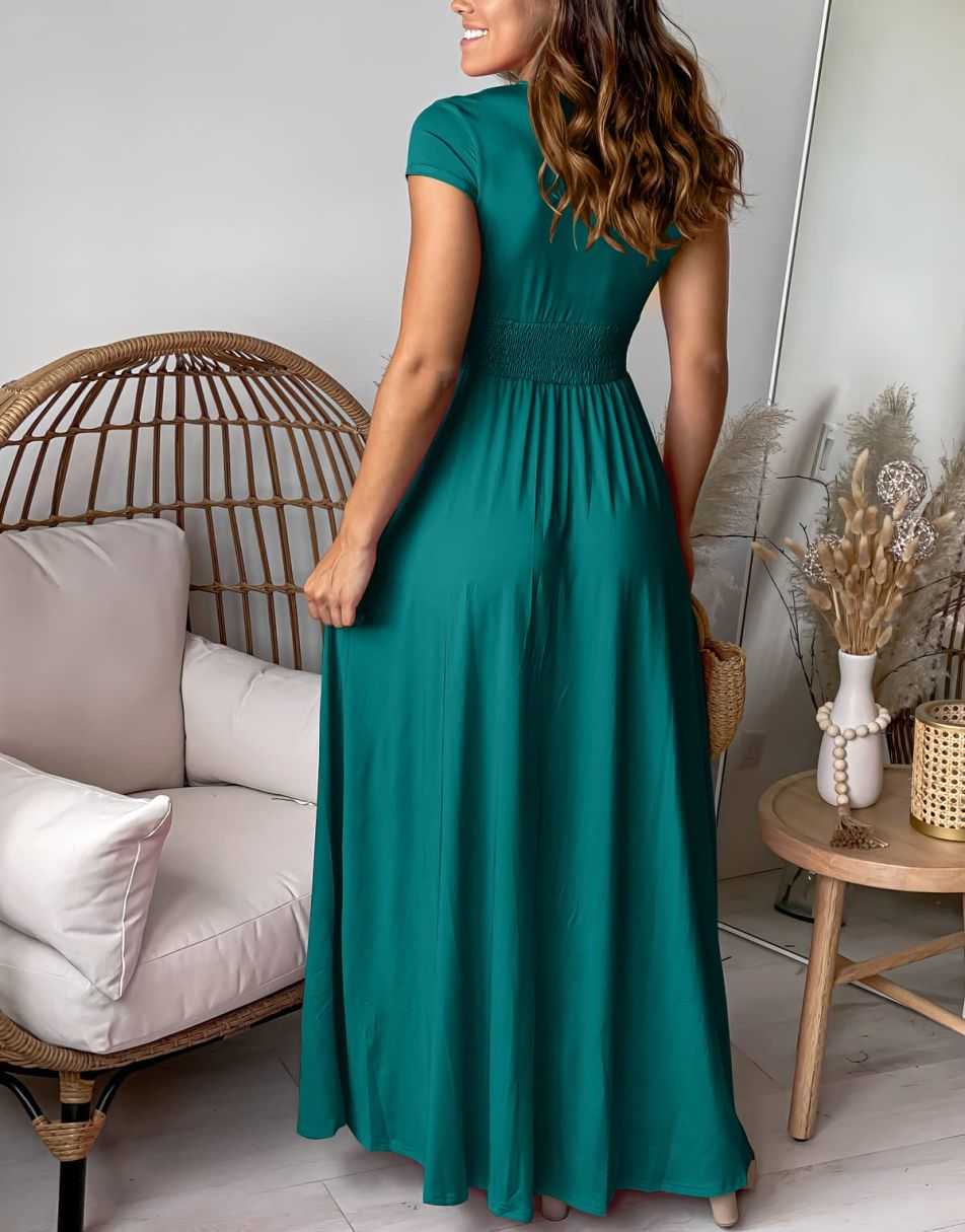 ANRABESS Deep V Neck Short Sleeve Slit Maxi Evening Dress