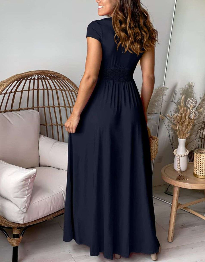 ANRABESS Deep V Neck Short Sleeve Slit Maxi Evening Dress