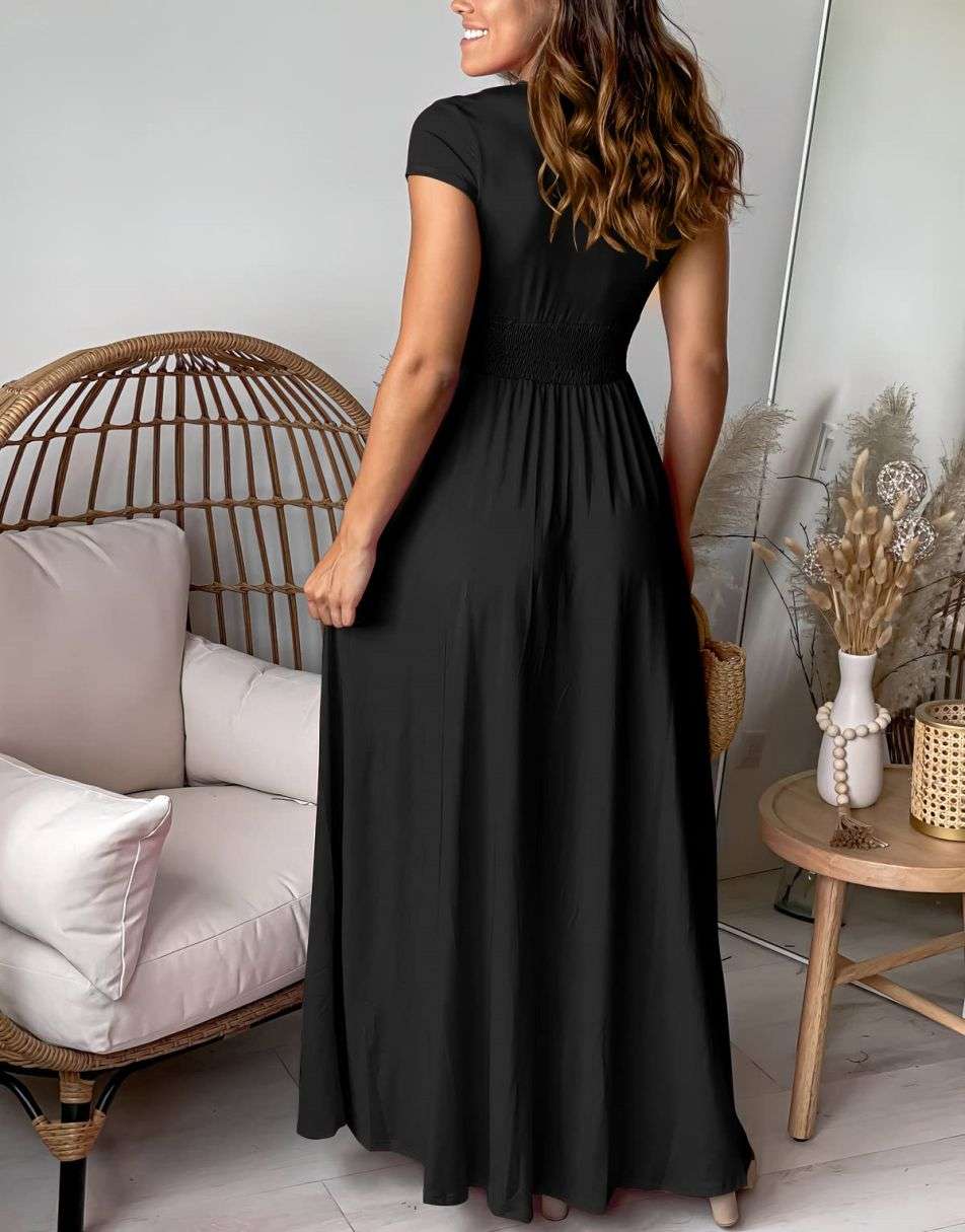 ANRABESS Deep V Neck Short Sleeve Slit Maxi Evening Dress