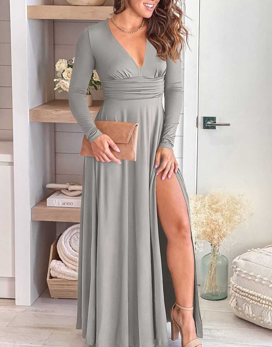ANRABESS Deep V Neck Short Sleeve Slit Maxi Evening Dress