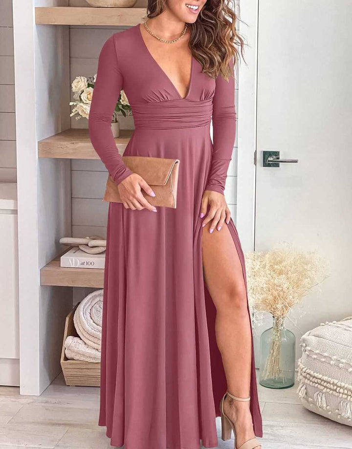 ANRABESS Deep V Neck Short Sleeve Slit Maxi Evening Dress