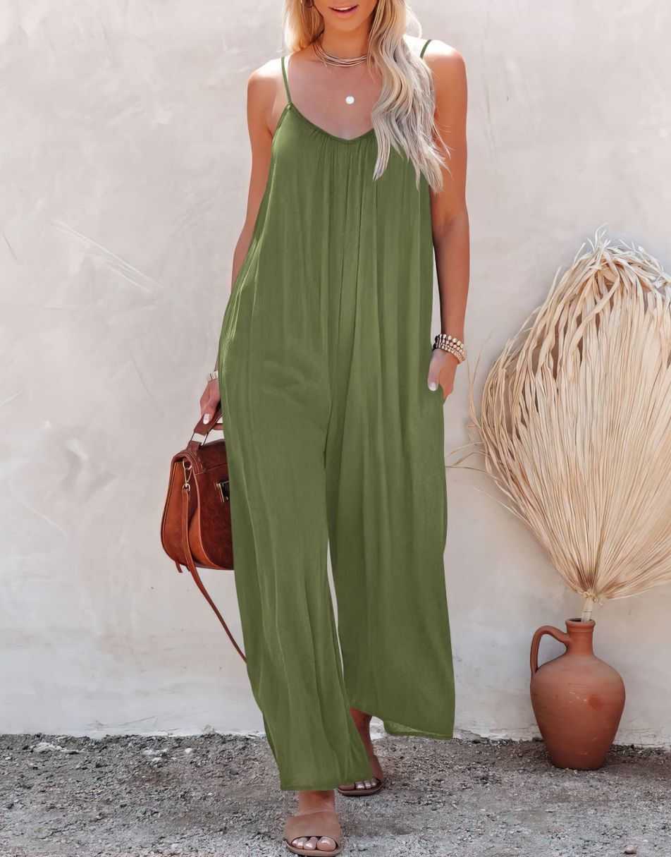 ANRABESS Loose Spaghetti Strap Wide Leg Jumpsuit with Pockets