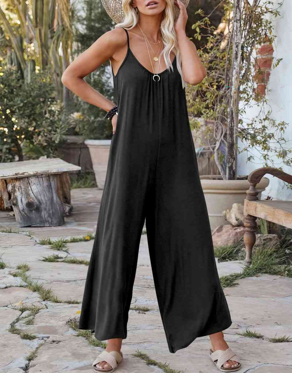 ANRABESS Loose Spaghetti Strap Wide Leg Jumpsuit with Pockets