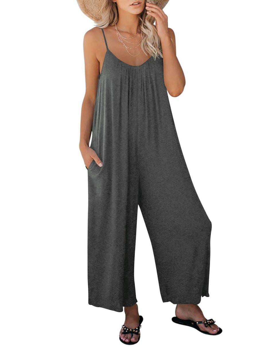 ANRABESS Loose Spaghetti Strap Wide Leg Jumpsuit with Pockets