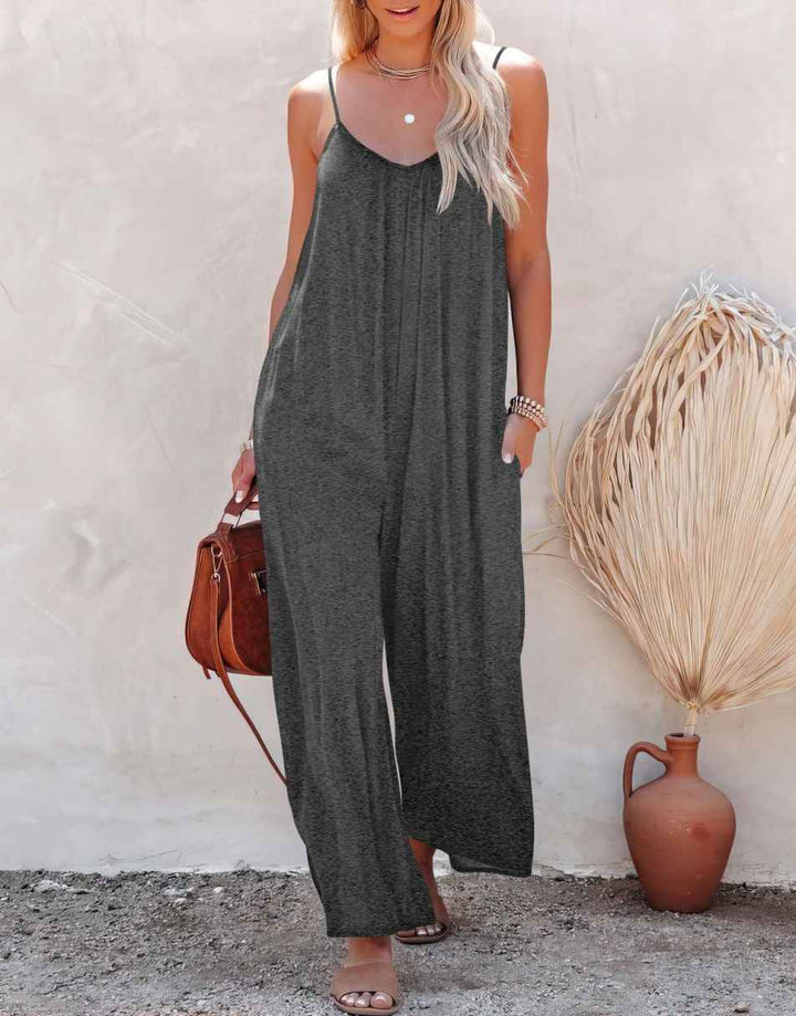 ANRABESS Loose Spaghetti Strap Wide Leg Jumpsuit with Pockets