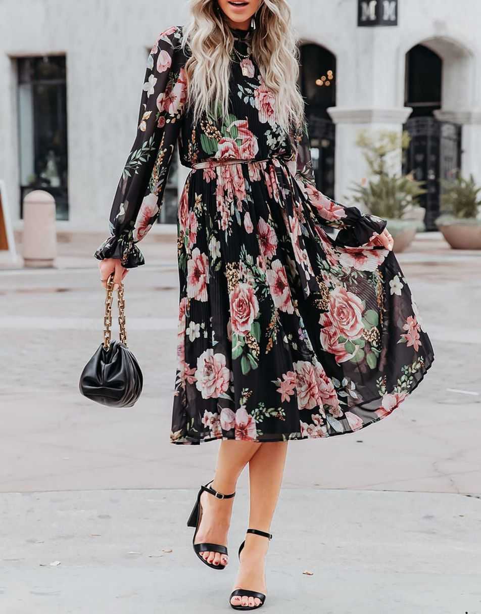 ANRABESS Women's Floral Puff Sleeve Smocked Midi Dress