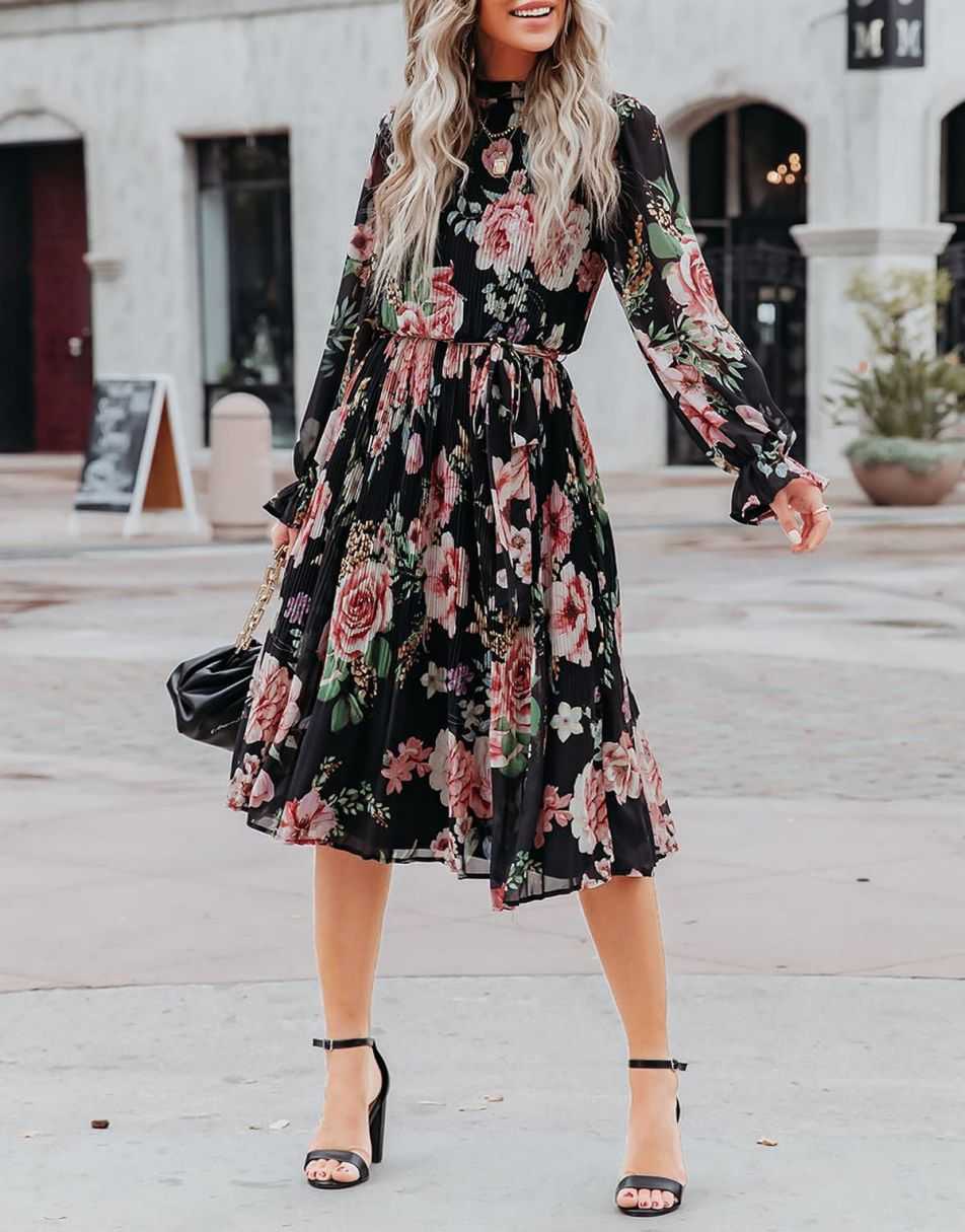 ANRABESS Women's Floral Puff Sleeve Smocked Midi Dress