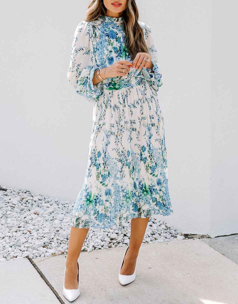 ANRABESS Women's Floral Puff Sleeve Smocked Midi Dress