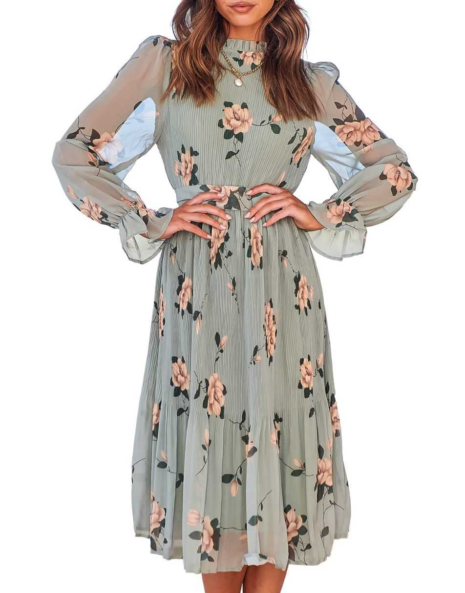 ANRABESS Women's Floral Puff Sleeve Smocked Midi Dress