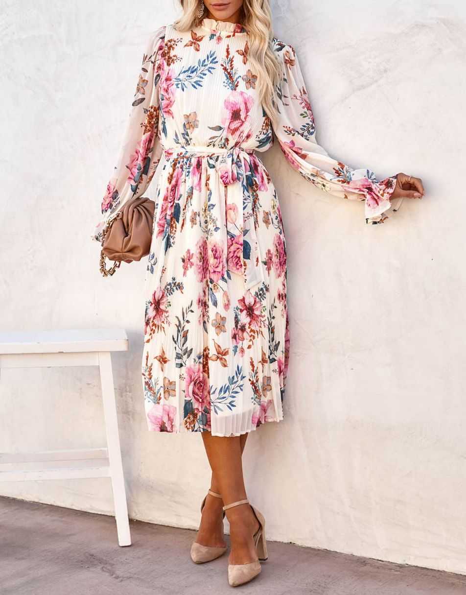 ANRABESS Women's Floral Puff Sleeve Smocked Midi Dress