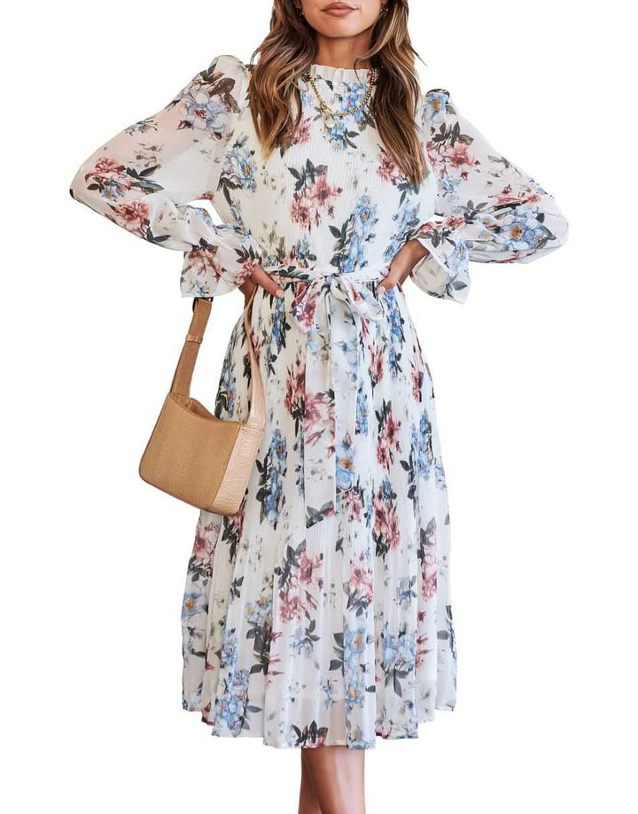 ANRABESS Women's Floral Puff Sleeve Smocked Midi Dress