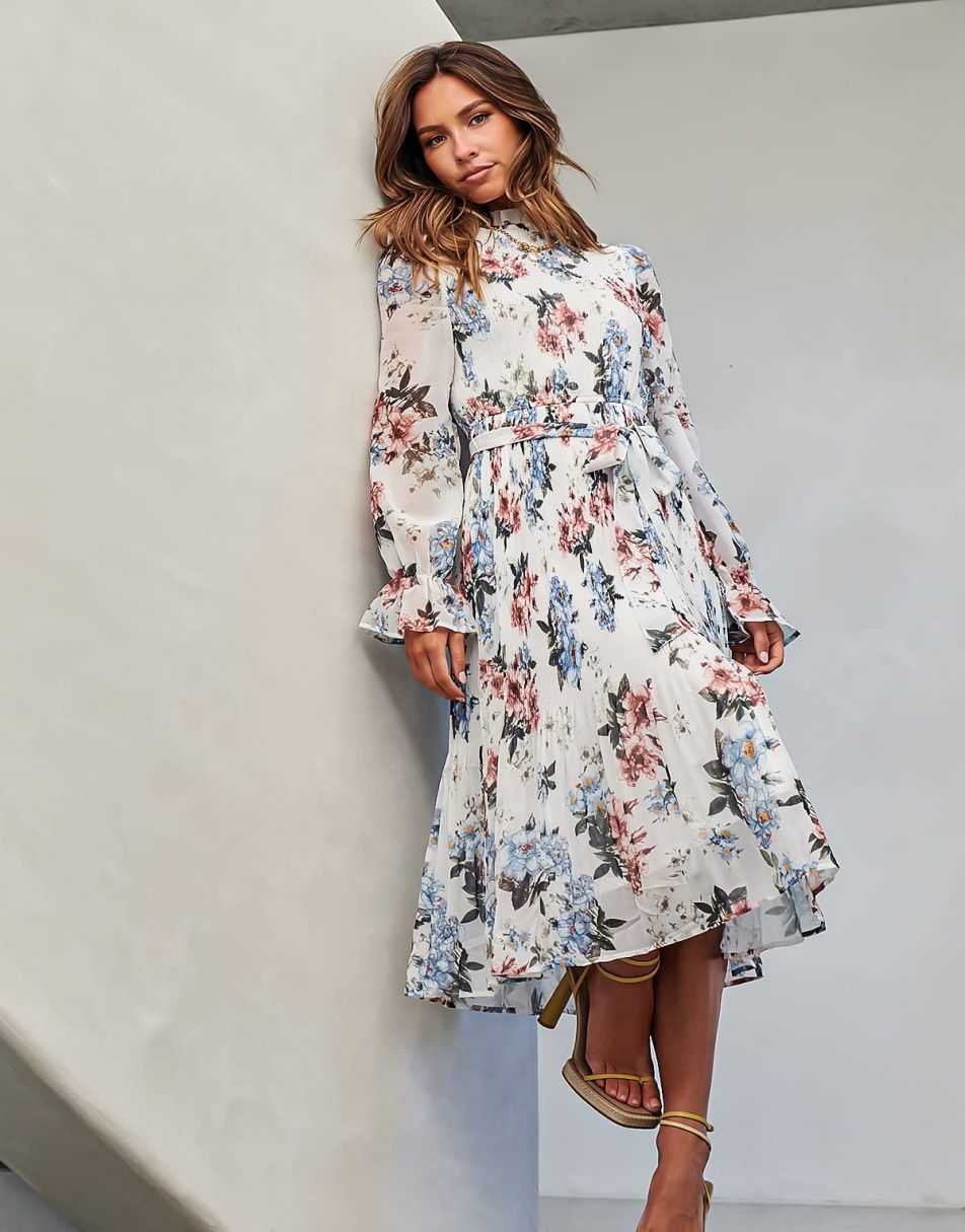 ANRABESS Women's Floral Puff Sleeve Smocked Midi Dress
