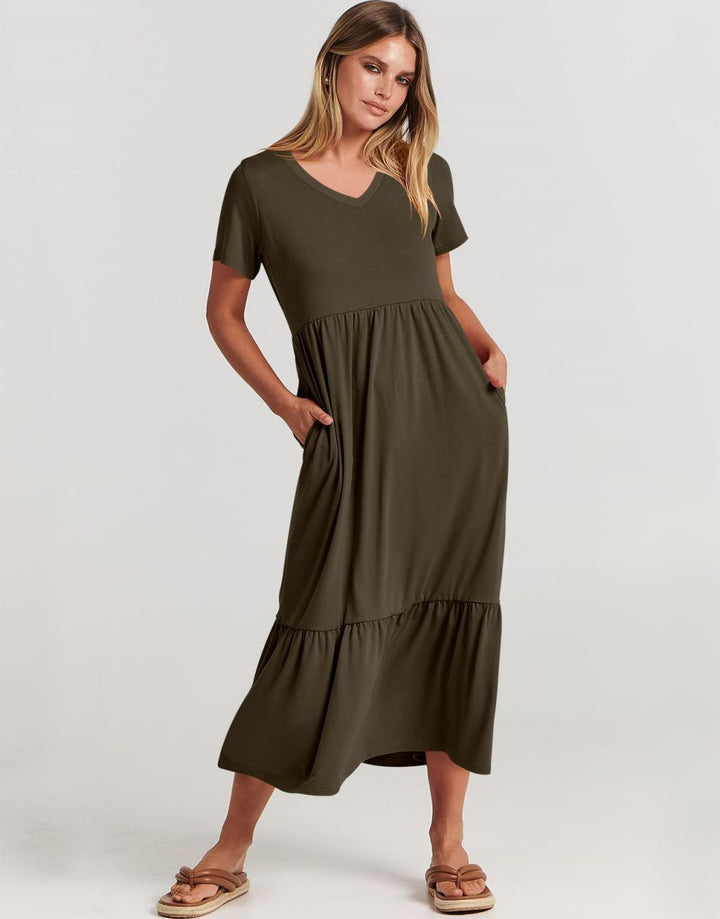 ANRABESS V-Neck Tiered Maxi Beach Dress with Pockets