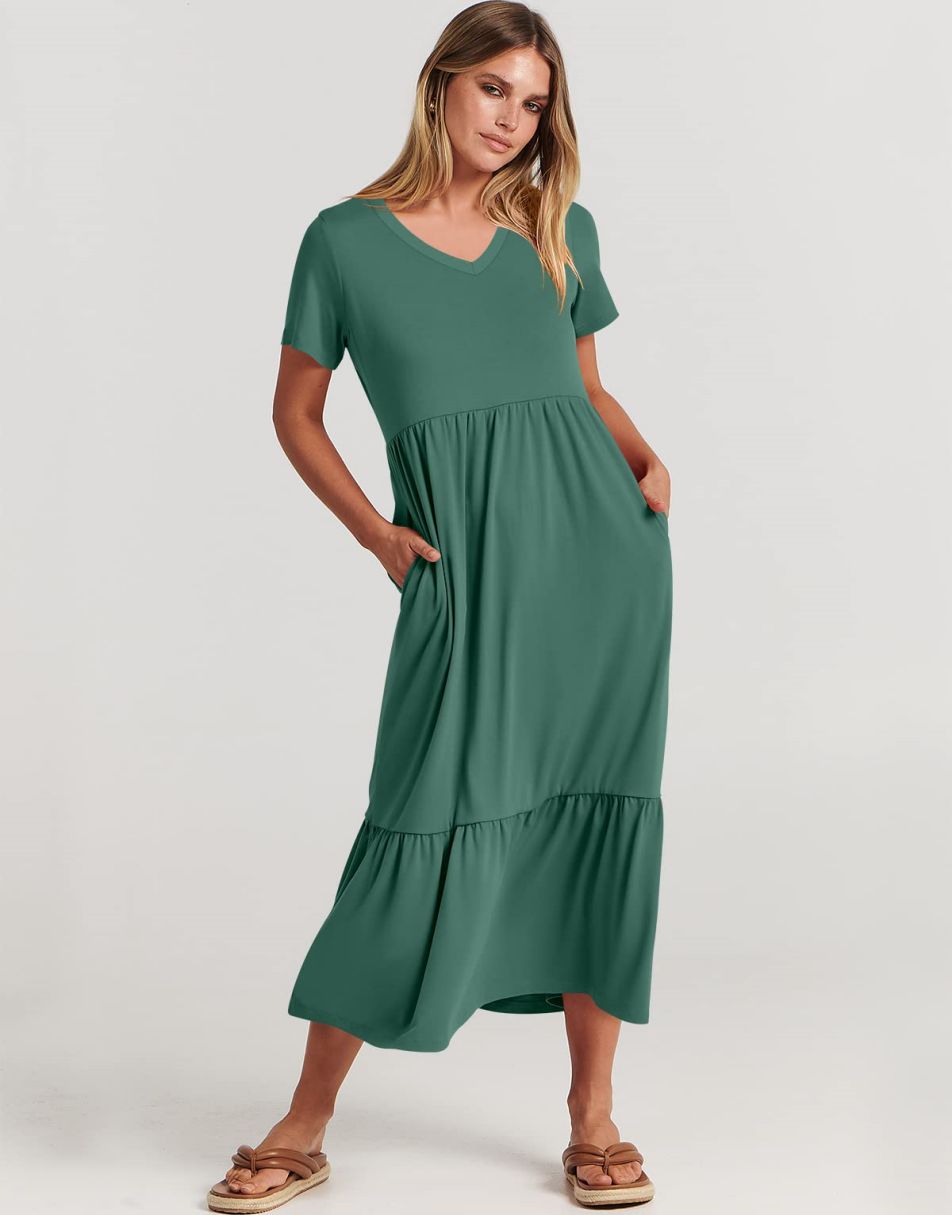 ANRABESS V-Neck Tiered Maxi Beach Dress with Pockets