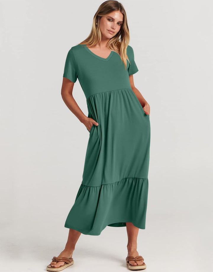 ANRABESS V-Neck Tiered Maxi Beach Dress with Pockets