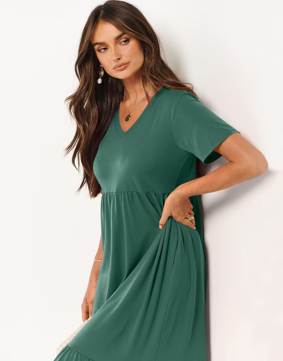 ANRABESS V-Neck Tiered Maxi Beach Dress with Pockets