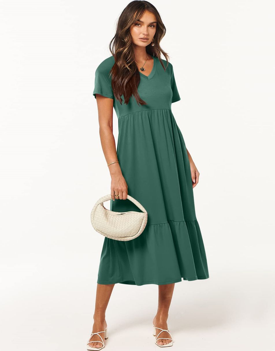 ANRABESS V-Neck Tiered Maxi Beach Dress with Pockets