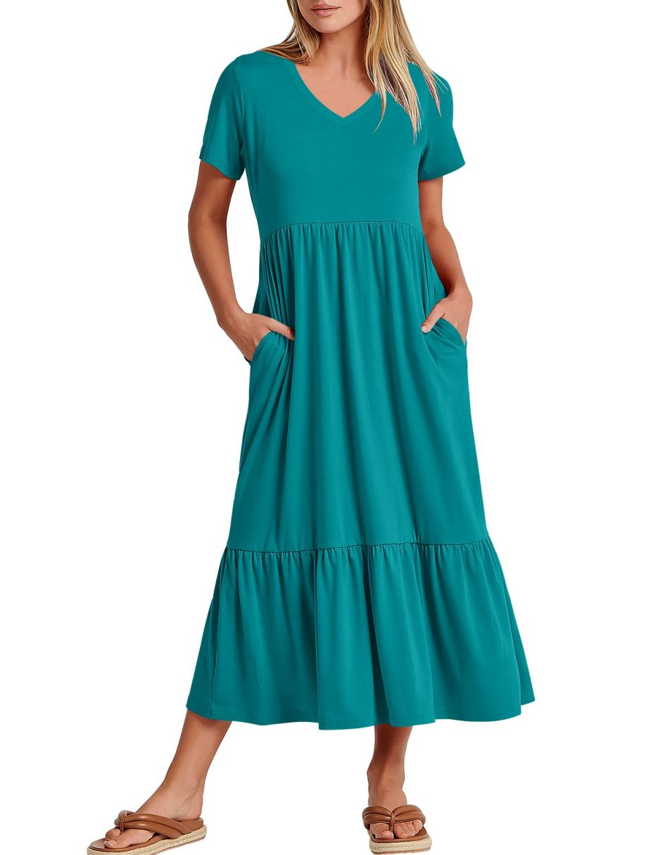 ANRABESS V-Neck Tiered Maxi Beach Dress with Pockets