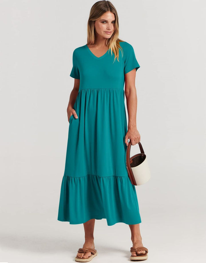 ANRABESS V-Neck Tiered Maxi Beach Dress with Pockets