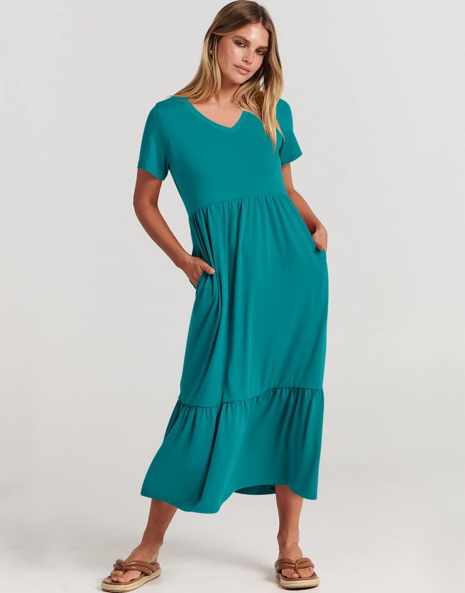 ANRABESS V-Neck Tiered Maxi Beach Dress with Pockets