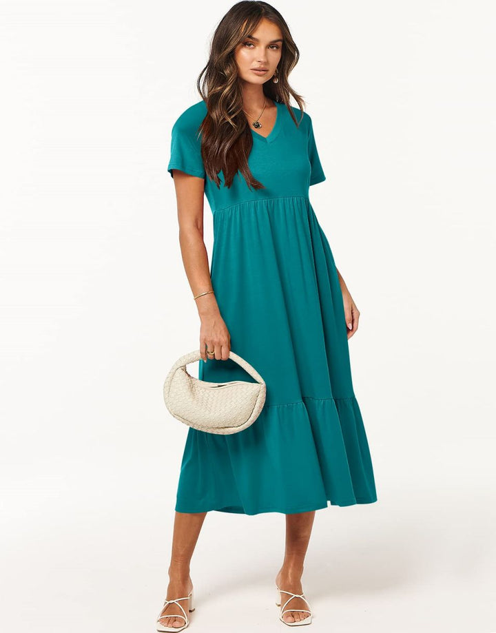 ANRABESS V-Neck Tiered Maxi Beach Dress with Pockets