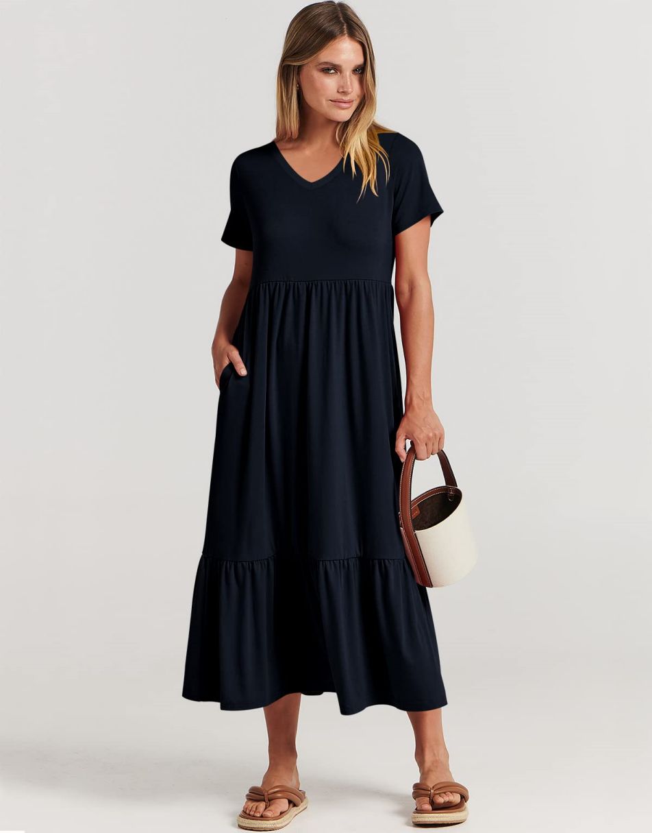 ANRABESS V-Neck Tiered Maxi Beach Dress with Pockets
