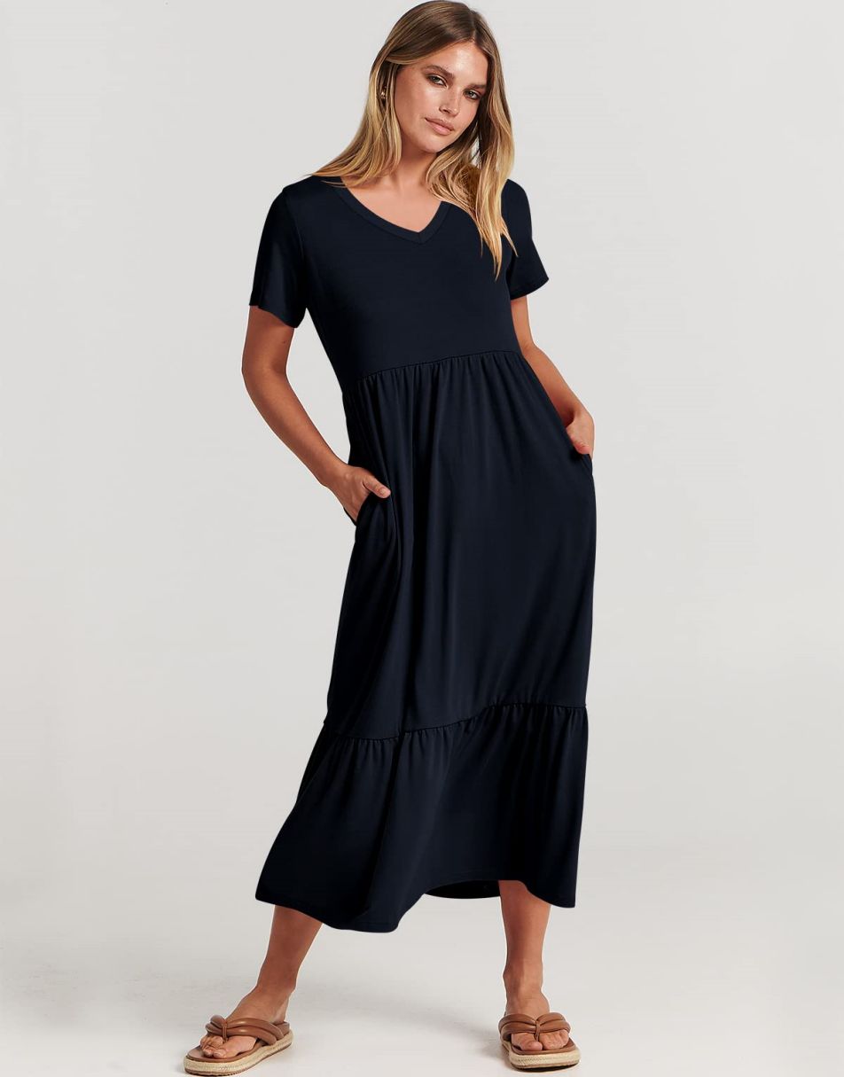 ANRABESS V-Neck Tiered Maxi Beach Dress with Pockets