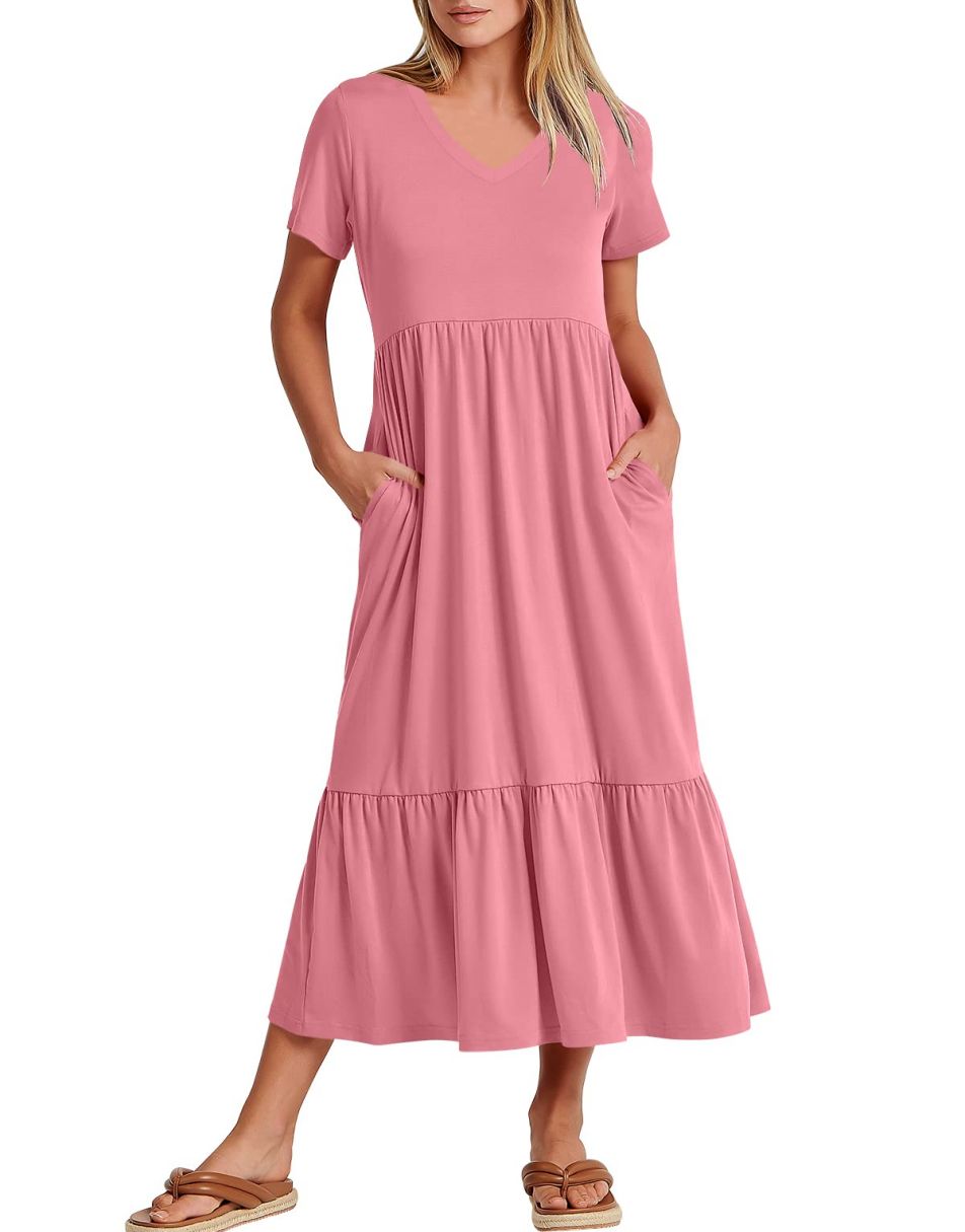 ANRABESS V-Neck Tiered Maxi Beach Dress with Pockets
