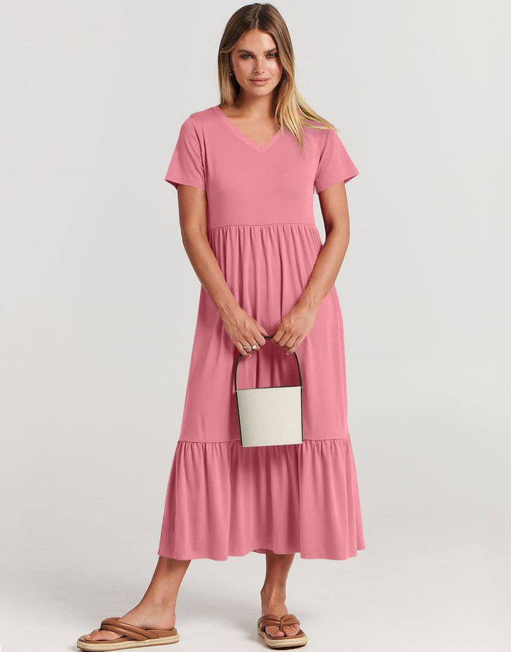 ANRABESS V-Neck Tiered Maxi Beach Dress with Pockets
