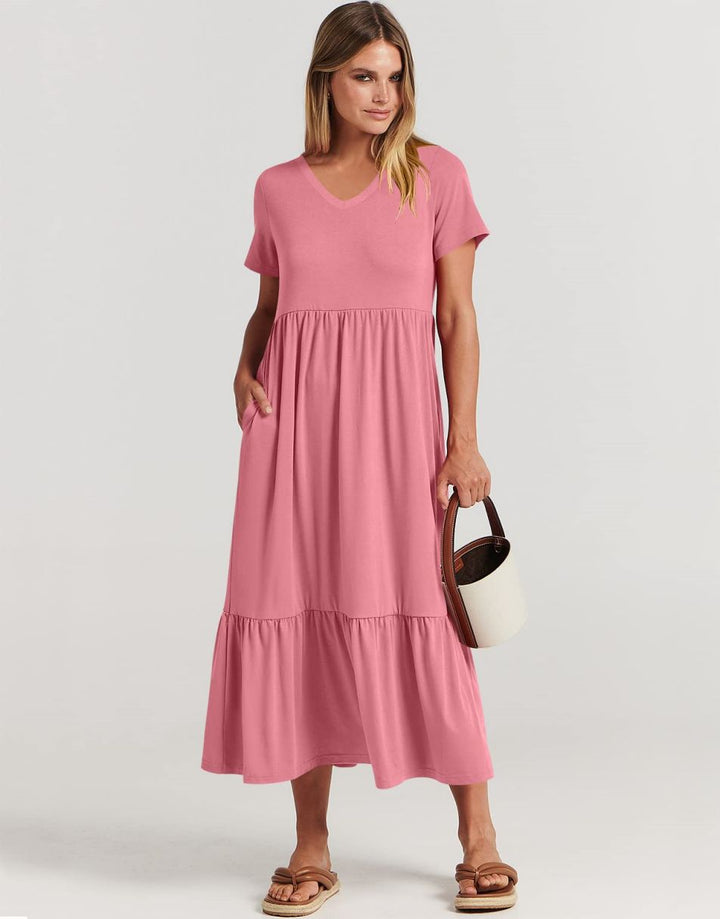 ANRABESS V-Neck Tiered Maxi Beach Dress with Pockets