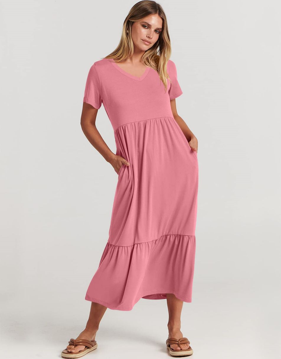 ANRABESS V-Neck Tiered Maxi Beach Dress with Pockets