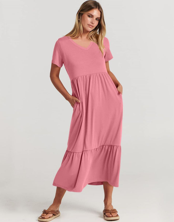 ANRABESS V-Neck Tiered Maxi Beach Dress with Pockets