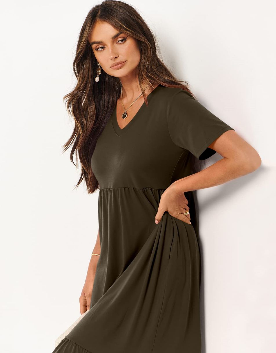 ANRABESS V-Neck Tiered Maxi Beach Dress with Pockets
