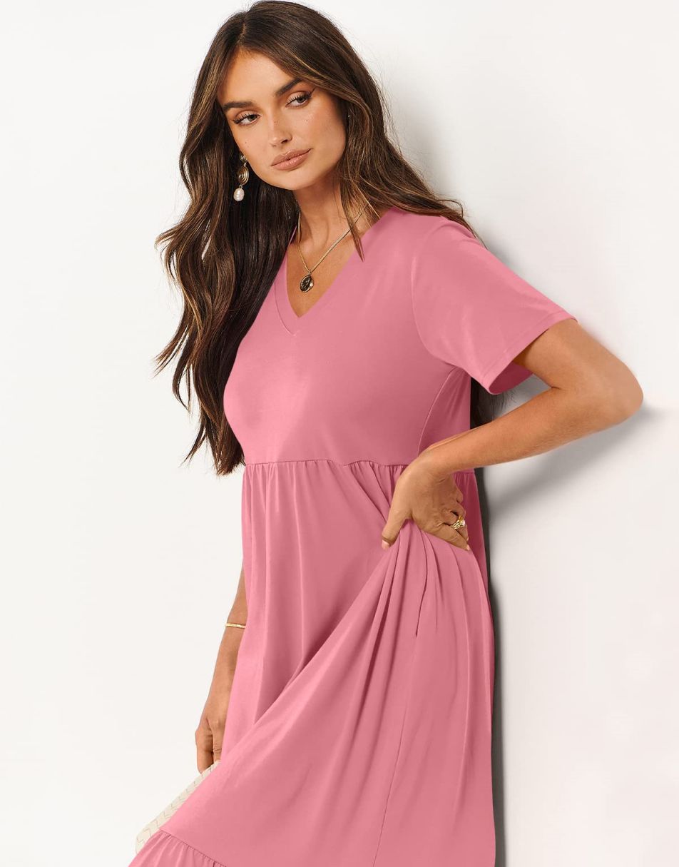 ANRABESS V-Neck Tiered Maxi Beach Dress with Pockets