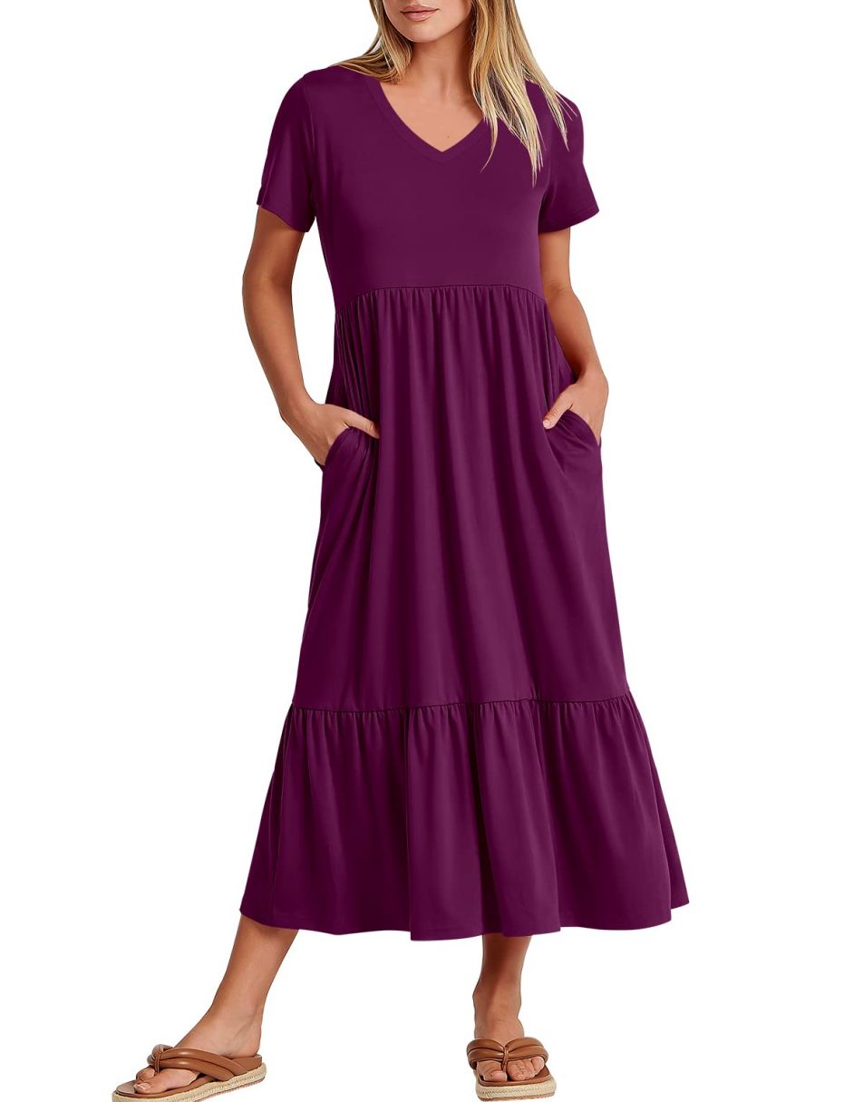 ANRABESS V-Neck Tiered Maxi Beach Dress with Pockets