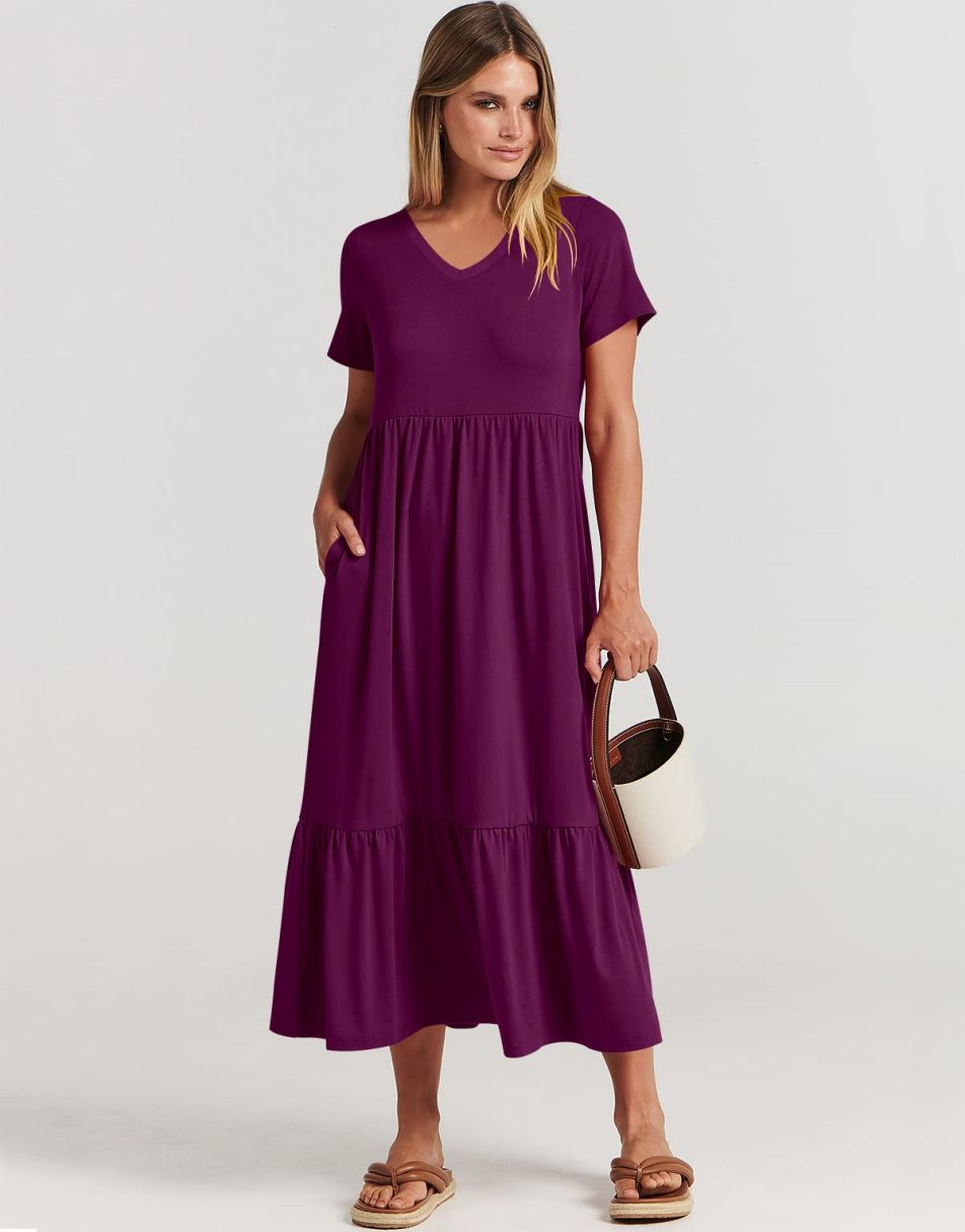 ANRABESS V-Neck Tiered Maxi Beach Dress with Pockets