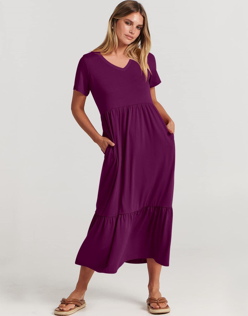 ANRABESS V-Neck Tiered Maxi Beach Dress with Pockets