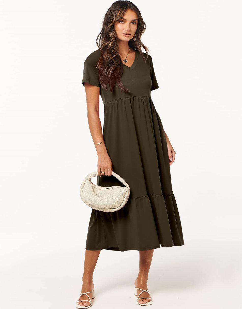 ANRABESS V-Neck Tiered Maxi Beach Dress with Pockets