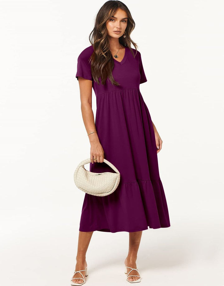 ANRABESS V-Neck Tiered Maxi Beach Dress with Pockets