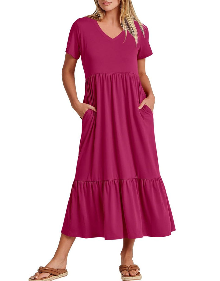 ANRABESS V-Neck Tiered Maxi Beach Dress with Pockets