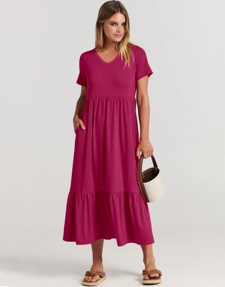 ANRABESS V-Neck Tiered Maxi Beach Dress with Pockets