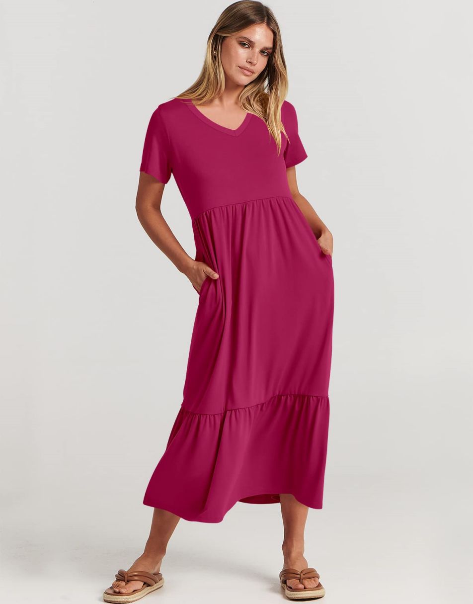 ANRABESS V-Neck Tiered Maxi Beach Dress with Pockets