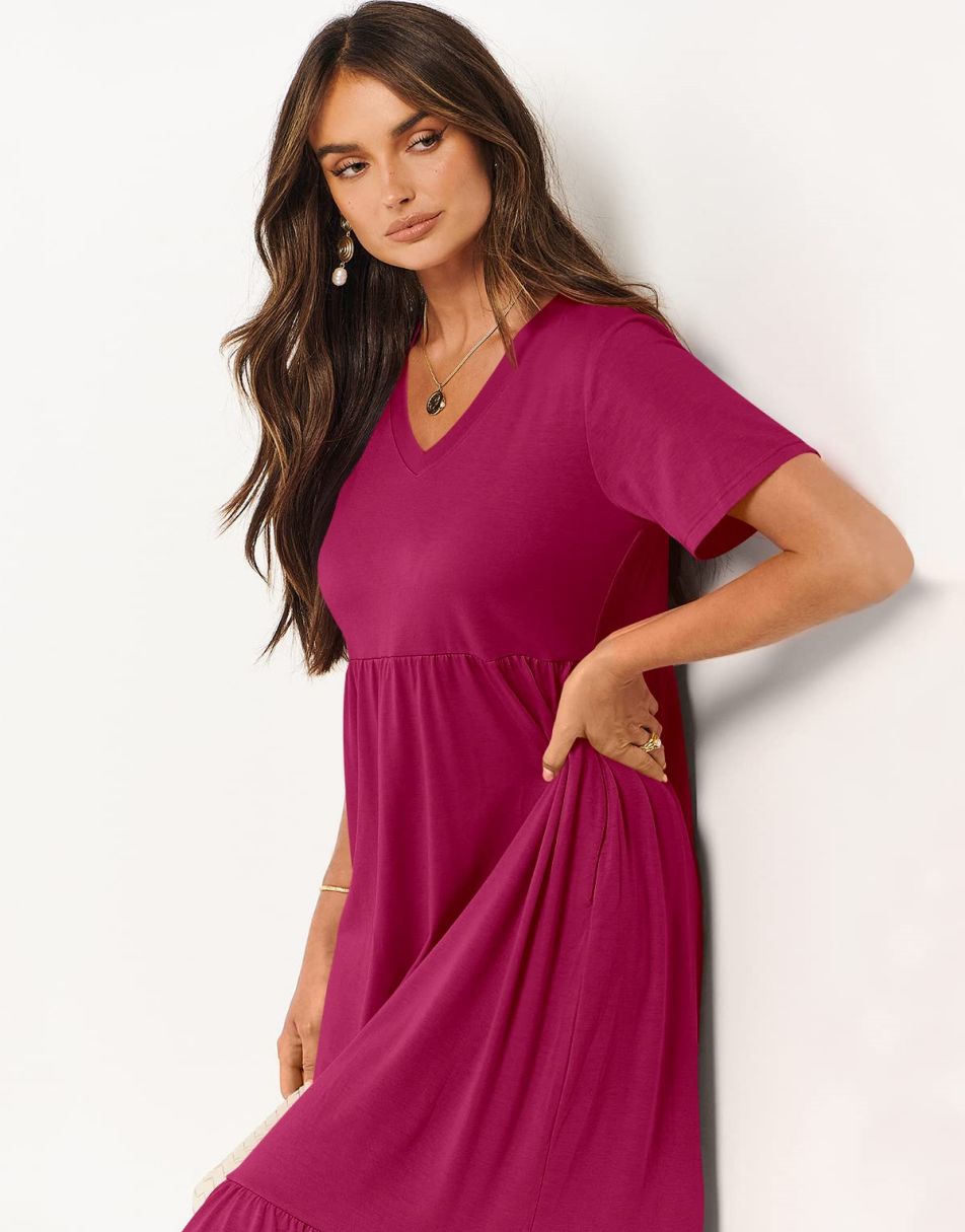 ANRABESS V-Neck Tiered Maxi Beach Dress with Pockets