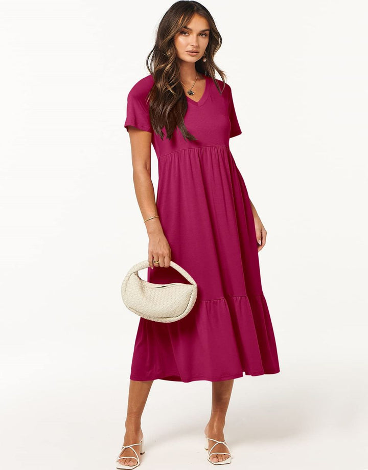 ANRABESS V-Neck Tiered Maxi Beach Dress with Pockets