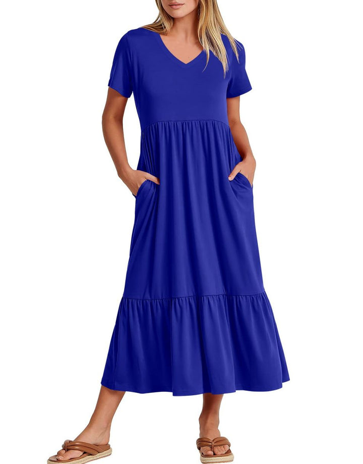 ANRABESS V-Neck Tiered Maxi Beach Dress with Pockets