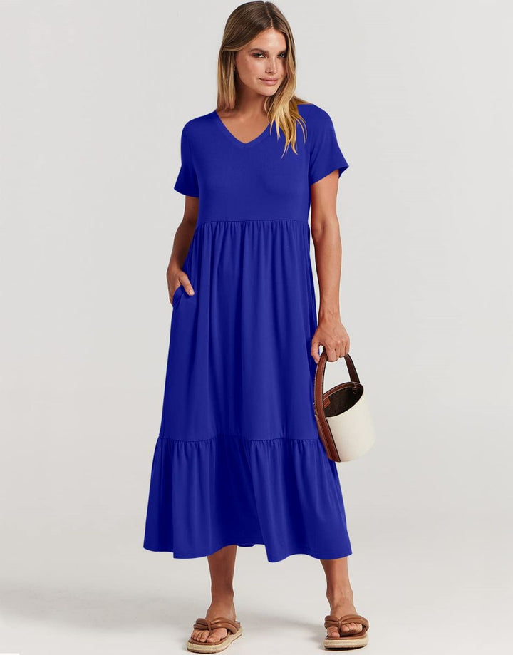 ANRABESS V-Neck Tiered Maxi Beach Dress with Pockets