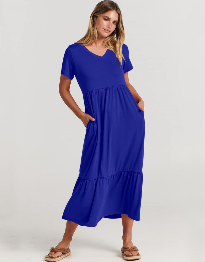 ANRABESS V-Neck Tiered Maxi Beach Dress with Pockets