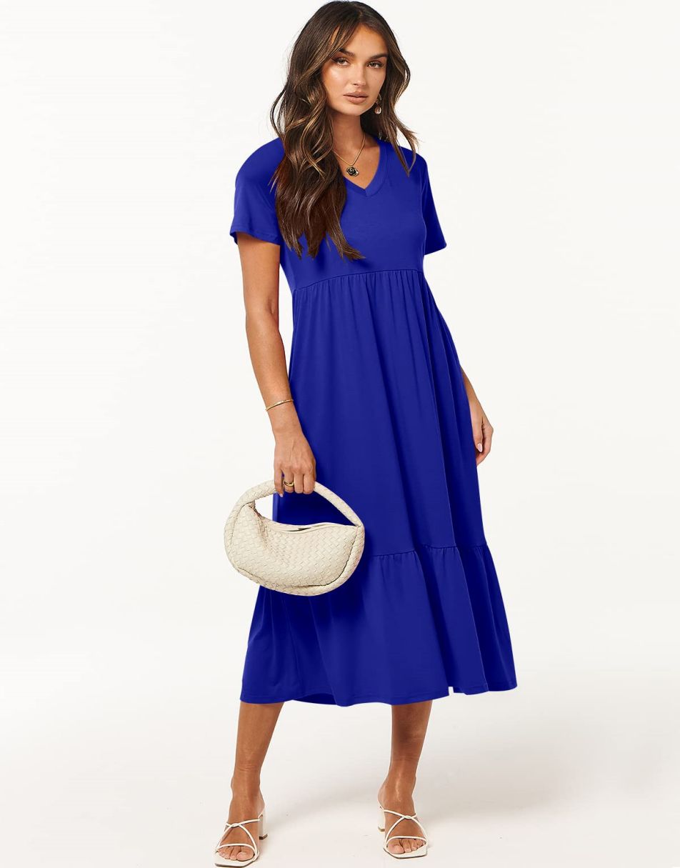 ANRABESS V-Neck Tiered Maxi Beach Dress with Pockets