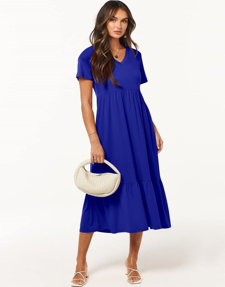 ANRABESS V-Neck Tiered Maxi Beach Dress with Pockets